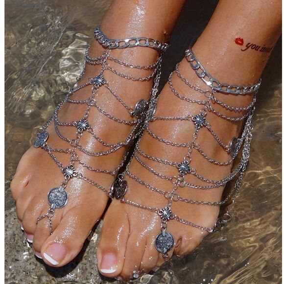 Silver Multilayered Adjustable Boho Coin Anklet Foot Chains - Set of 2 - Picture 3 of 6